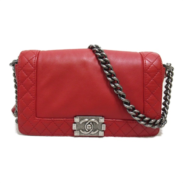 CHANEL Boy Chanel Chain Shoulder crossbody Bag Calfskin Red SHW Used