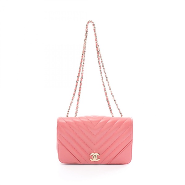 CHANEL Chevron V Stitch mini chain Shoulder Bag leather Pink Used Women GHW CC