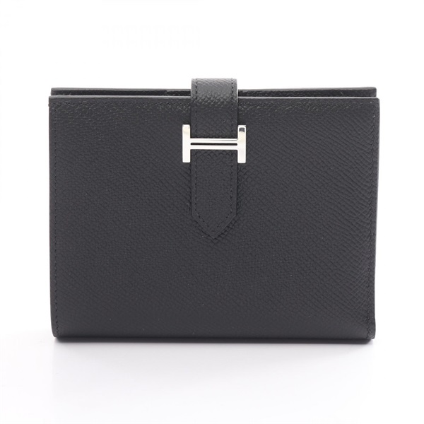 HERMES BEARN Compact wallet purse W Epsom leather Black Used SHW