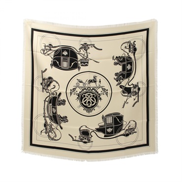 HERMES H80 Ex-Libris Fringe Scarf silk Beige Black Used Women
