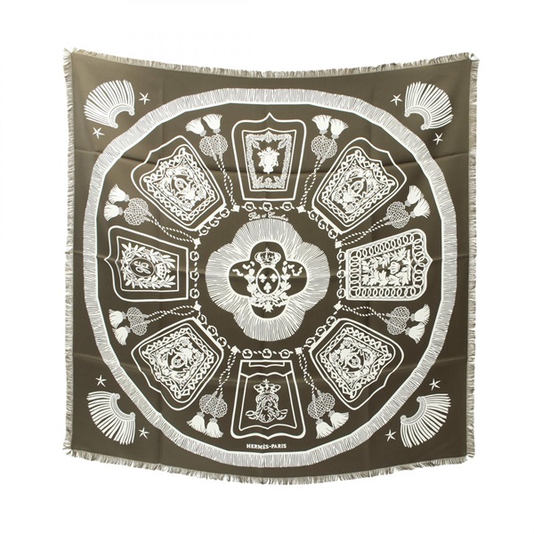HERMES Carre H80 Poste et Cavalerie Scarf silk Green White Used Women