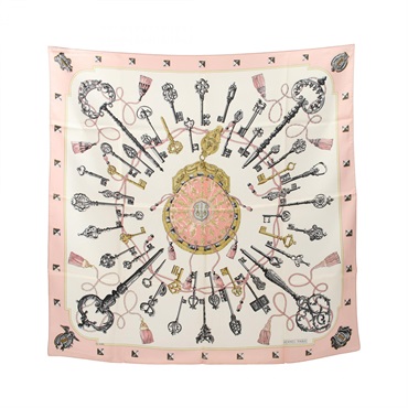 HERMES Carre90 LES CLES THE KEYS RARE Scarf silk Pink White Used Women