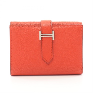 HERMES Bearn combine Tri-fold wallet Chevre leather Red Capucine Used Women SHW