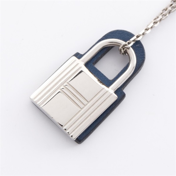 HERMES OKelly Necklace 45-50cm pendant D Stainless Steel Swift leather Navy Used