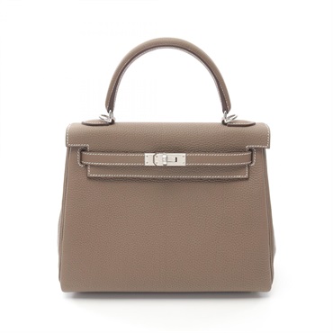 HERMES Kelly 25 Hand shoulder bag W inside stitched Togo leather Etoupe Grey SHW