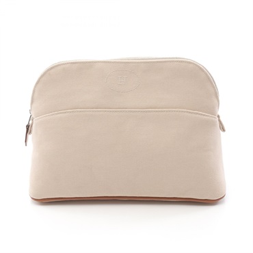 HERMES Bolide pouch MM purse canvas leather Beige Brown Natural Used Women SHW