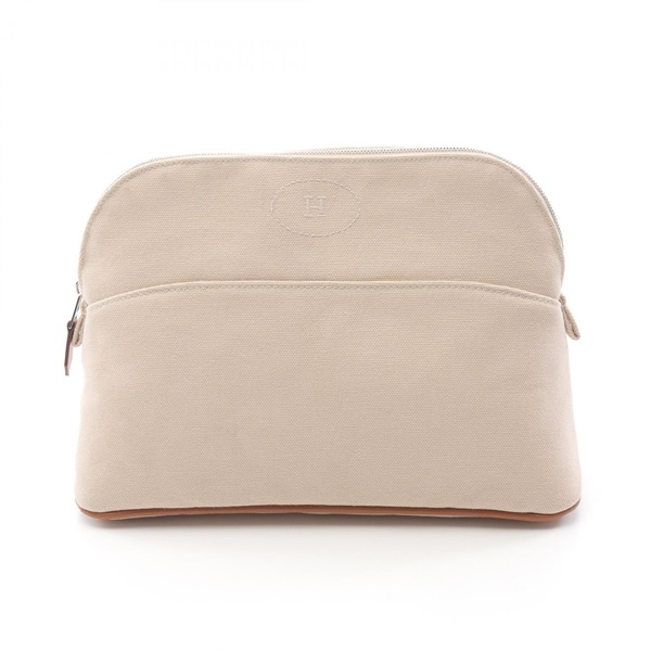 HERMES Bolide pouch MM purse canvas leather Beige Brown Natural Used Women SHW