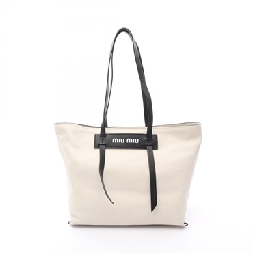 Miu Miu MADRAS Shoulder Tote Bag leather White Black Used Women logo