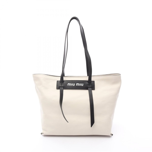 Miu Miu MADRAS Shoulder Tote Bag leather White Black Used Women logo