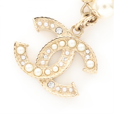 CHANEL COCO Mark Necklace Gold Plated Artificial pearl rhinestone White women CC
