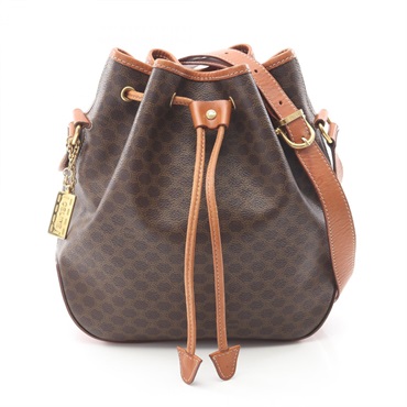 CELINE Macadam Drawstring Crossbody Shoulder Bag Canvas Leather Brown Used Women