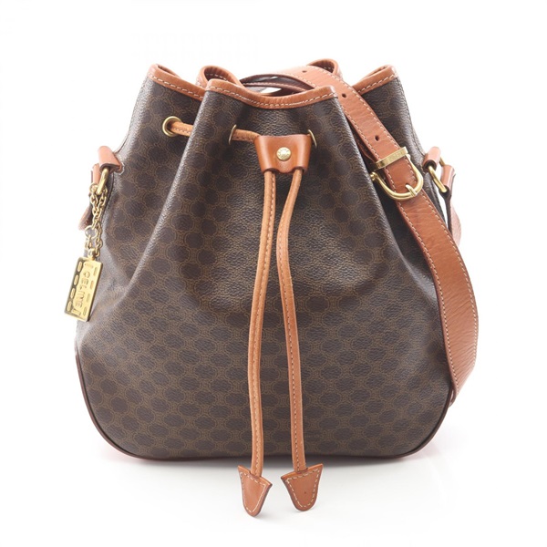 CELINE Macadam Drawstring Crossbody Shoulder Bag Canvas Leather Brown Used Women