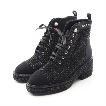 CHANEL Boots G38514 Fabric / Artificial Pearl Black Size 36C Used Women