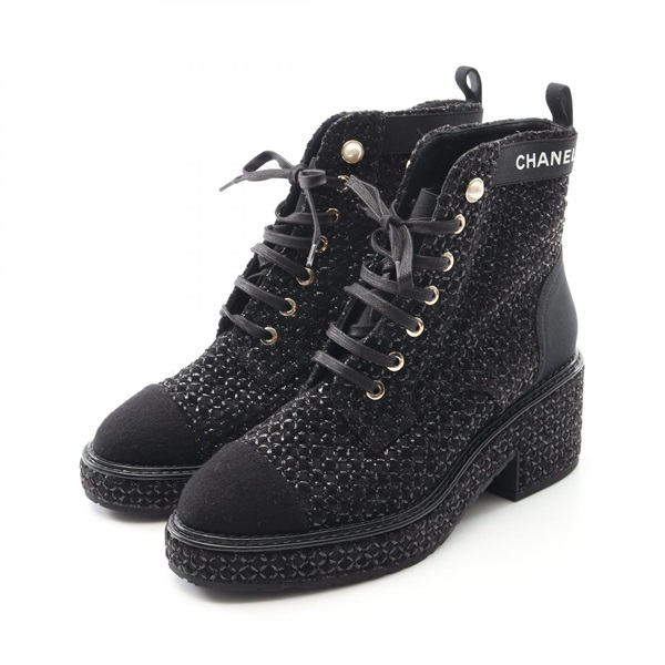 CHANEL Boots G38514 Fabric / Artificial Pearl Black Size 36C Used Women
