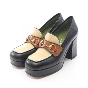 GUCCI Horsebit Loafers Pumps Leather Black Beige Brown Size 36 8.5cm Heel Women
