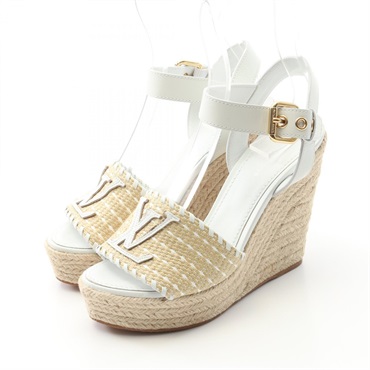 LOUIS VUITTON Starboard Wedge Sole Sandals Leather White Beige #35.5 Used Women