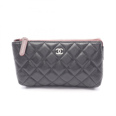 CHANEL Matelasse Pouch Purse Wallet Calfskin Black SHW Used Women