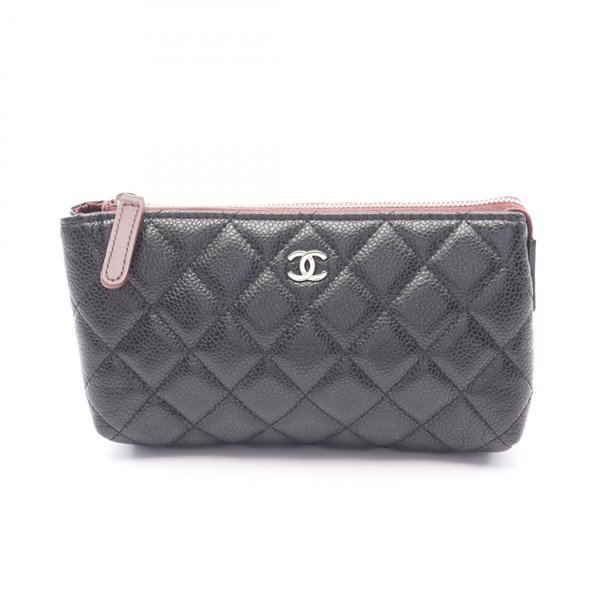 CHANEL Matelasse Pouch Purse Wallet Calfskin Black SHW Used Women
