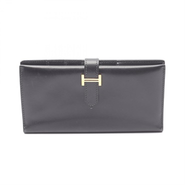 HERMES Bearn Soufflet Bifold purse Box calf leather Black Used Women GHW F