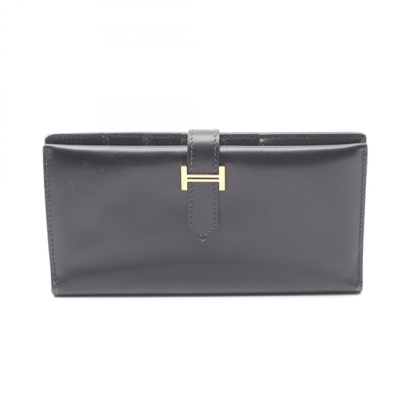 HERMES Bearn Soufflet Bifold purse Box calf leather Black Used Women GHW F