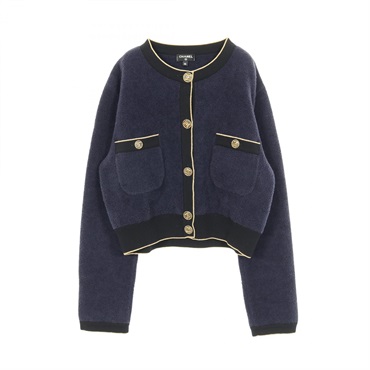 CHANEL COCO Mark button cardigan jacket cotton Navy Black Gold Used Women #36 CC