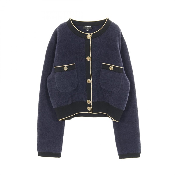 CHANEL COCO Mark button cardigan jacket cotton Navy Black Gold Used Women #36 CC