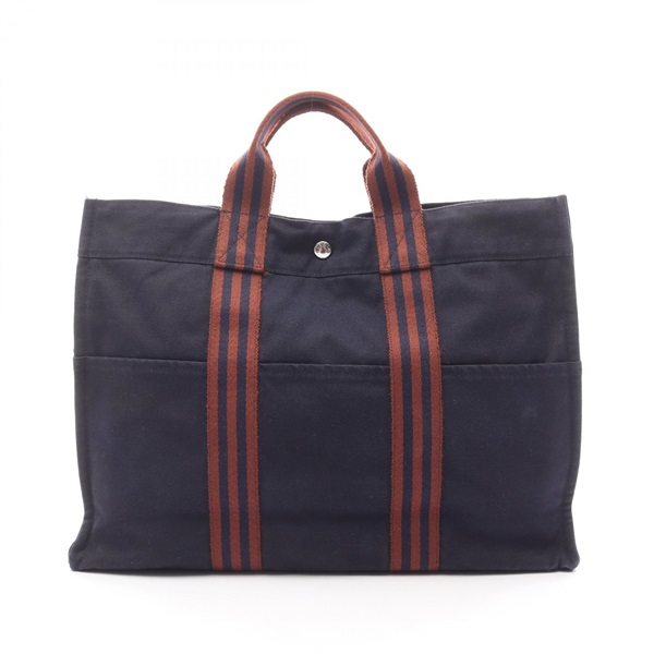 HERMES Fourre-tout MM Tote hand Bag canvas Navy Brown Used Women SHW