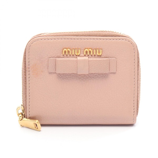 Miu Miu Ribbon Around zip compact wallet purse coin case  leather Pink Used