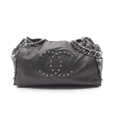 CHANEL COCO Mark Chain shoulder Tote Bag Lamb sheep leather Black Used Women SHW
