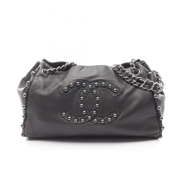 CHANEL COCO Mark Chain shoulder Tote Bag Lamb sheep leather Black Used Women SHW