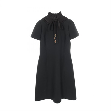 LOUIS VUITTON Ruffled Colored Dress Short sleeves #36 wool silk Black Women LV