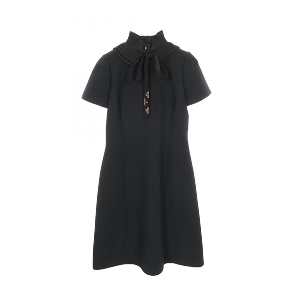 LOUIS VUITTON Ruffled Colored Dress Short sleeves #36 wool silk Black Women LV