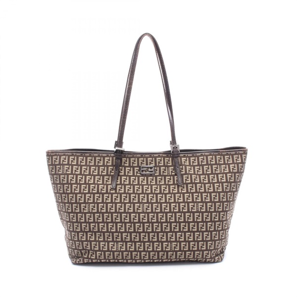 FENDI Zucchino Tote Bag 8BH127 canvas leather Brown Beige Used Women