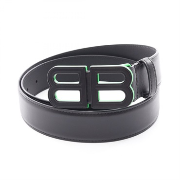 BALENCIAGA BB logo buckle belt 674171 leather Black Green #85 Used Women