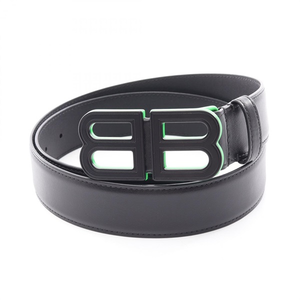 BALENCIAGA BB logo buckle belt 674171 leather Black Green #85 Used Women