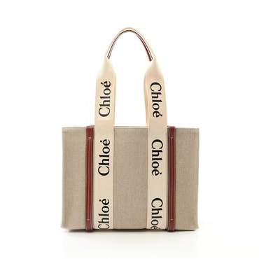 Chloe WOODY Medium Tote shoulder Bag CHC22AS383I26 90U canvas leather Beige used