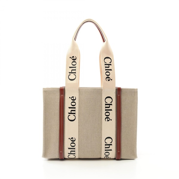 Chloe WOODY Medium Tote shoulder Bag CHC22AS383I26 90U canvas leather Beige used