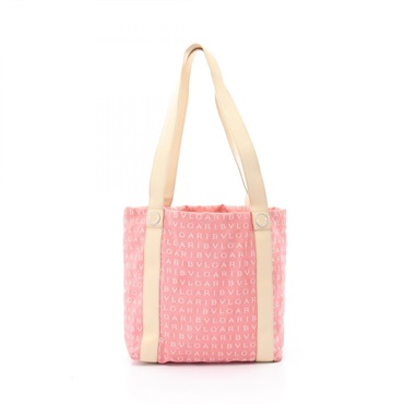 BVLGARI Logo mania Shoulder Tote Bag canvas leather Pink Beige Used Women