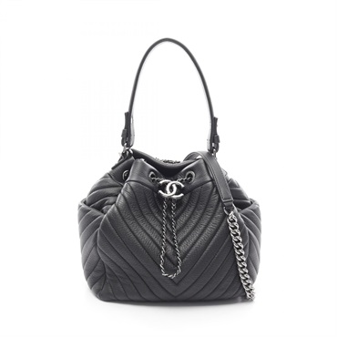 CHANEL Chevron V Stitch Chain shoulder Handbag A91273 leather Black Used Women