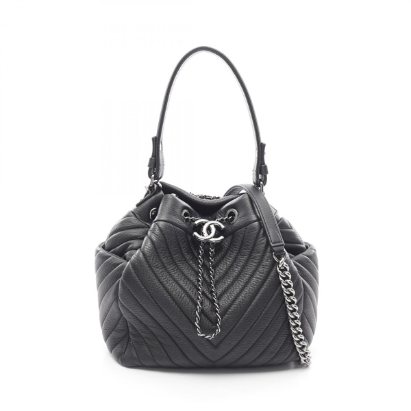 CHANEL Chevron V Stitch Chain shoulder Handbag A91273 leather Black Used Women