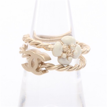 CHANEL COCO Mark Camellia Double Ring Gold Plated White Used women US size 6.75