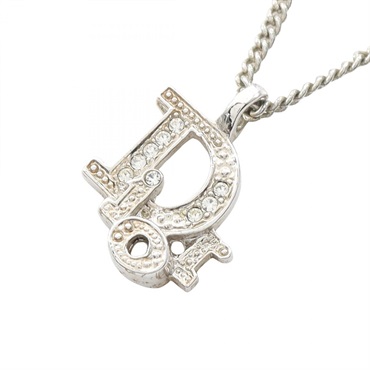 Christian Dior Logo Necklace Pendant Stainless Steel Rhinestone 38-43cm Used CD