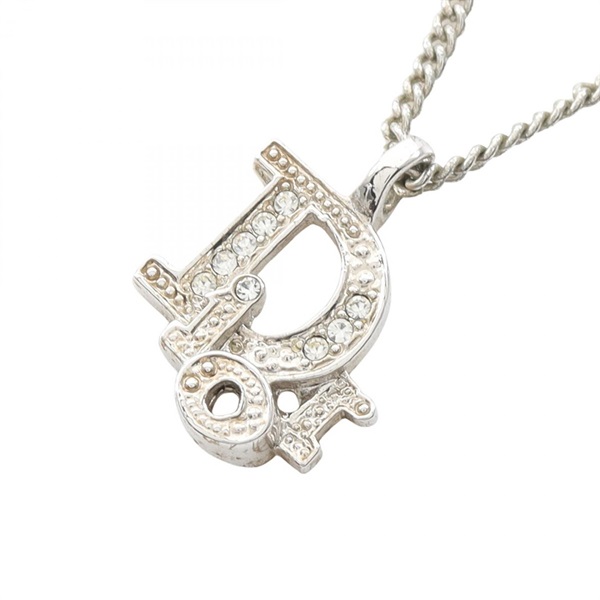 Christian Dior Logo Necklace Pendant Stainless Steel Rhinestone 38-43cm Used CD