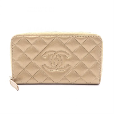CHANEL Matelasse Zippy Round wallet leather Gold Used Women GHW CC Coco