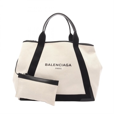 BALENCIAGA Navy Cabas M Tote Bag 339936 canvas leather White Black Used
