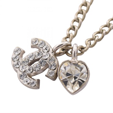 CHANEL 05C COCO Mark Heart Necklace Pendant Metal Rhinestone Clear Used Women CC