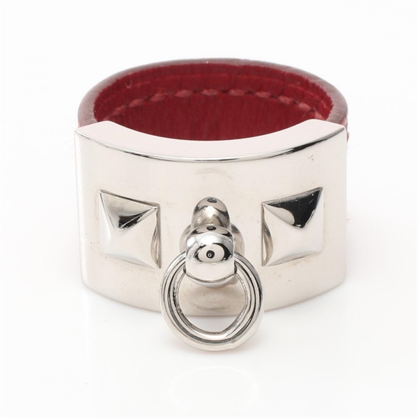 HERMES Collier de Chien Ring SS leather Bordeaux Silver Used US size 5.25 M