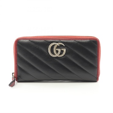 GUCCI GG Marmont Diagonal Quilting Around long wallet 573810 leather Black Red