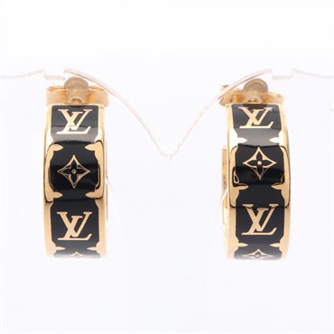 LOUIS VUITTON Nano gram enamel Pierced earrings Gold Plated Black Used women