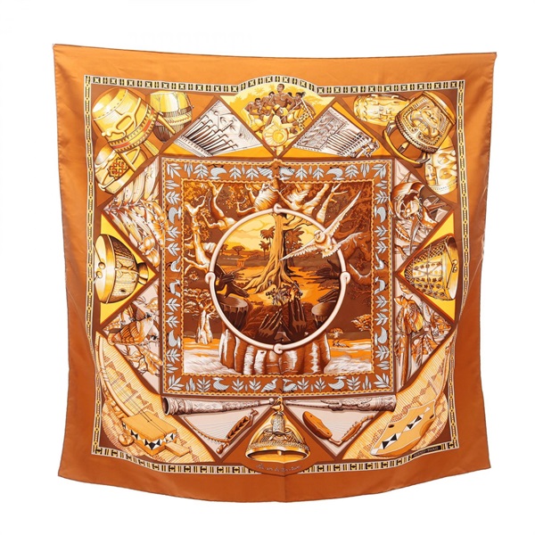 HERMES Carre90 Au son du Tam tam Scarf silk Brown Multicolor Used Women